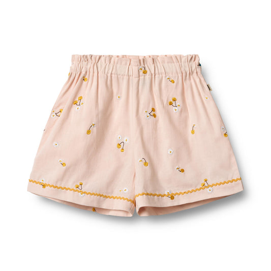 Girls' wheat-colored shorts with delicate lace trim, featuring an elastic waistband and soft, lightweight fabric—perfect for warm weather and everyday play.