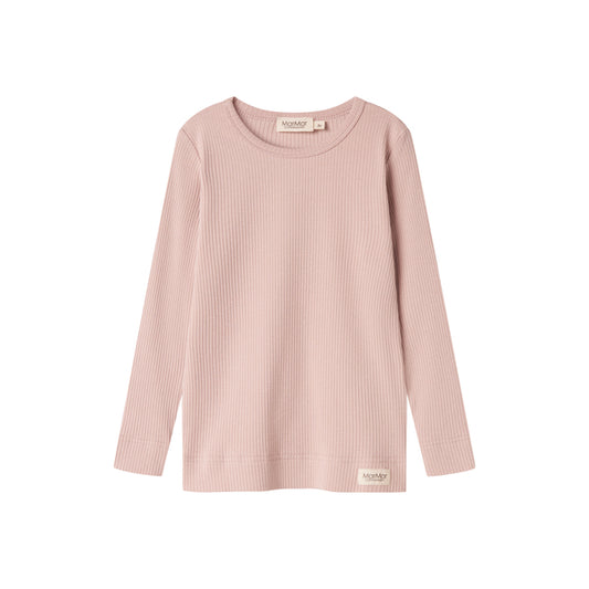 Pink ribbed long-sleeve top on a white background