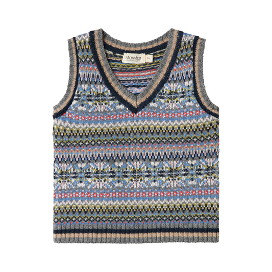 Multicolored patterned sleeveless sweater on a white background