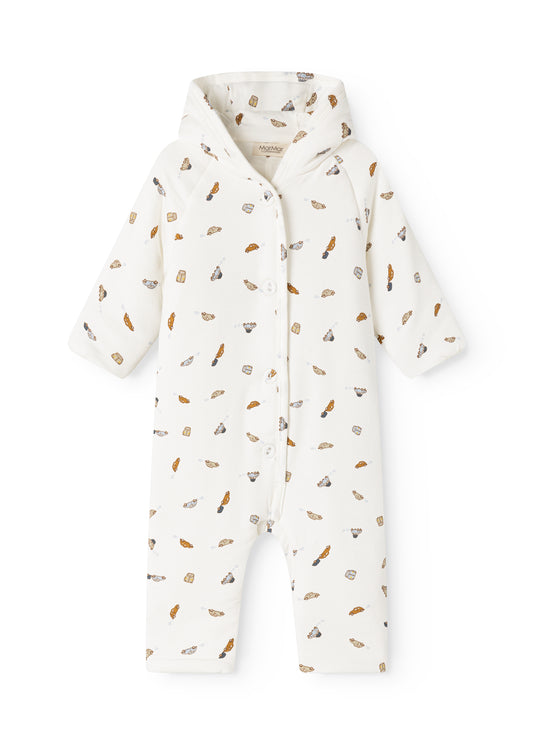 Baby onesie with feather pattern on a white background