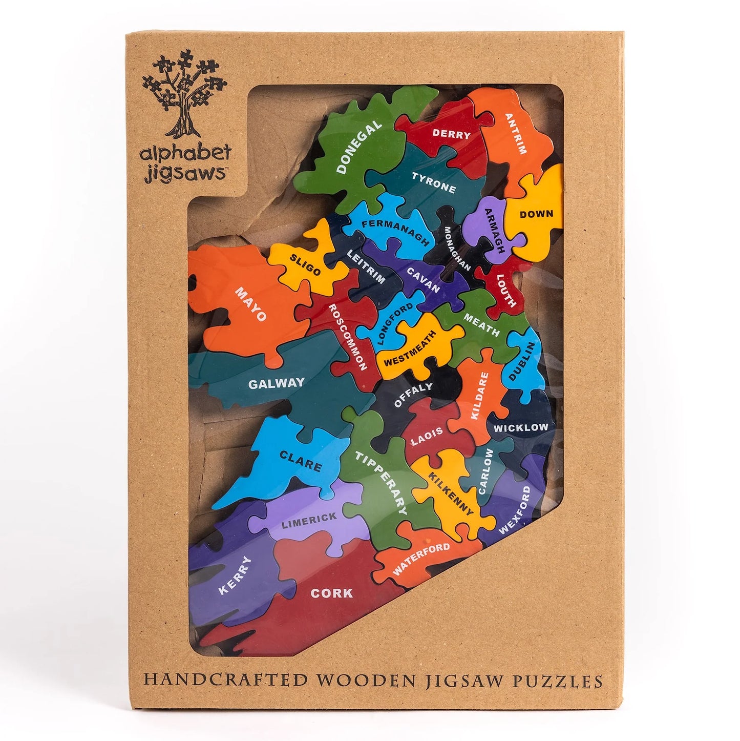 Box of handcrafted wooden jigsaw puzzles with colorful pieces inside, branded 'alphabet jigsaws'.