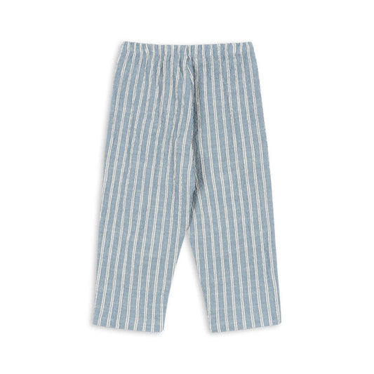 Blue and white striped organic cotton pants on a white background