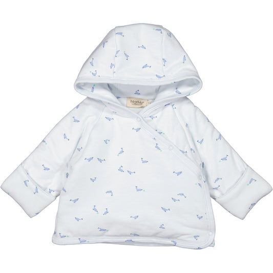 A soft p baby jacket from MarMar Copenhagen, featuring a delicate floral print. The jacket has a hood for added warmth and an adjustable wrap closure with snap buttons and tie strings. Made from cozy, lightweight fabric, it provides comfort and a charming vintage-inspired look for little onesblue