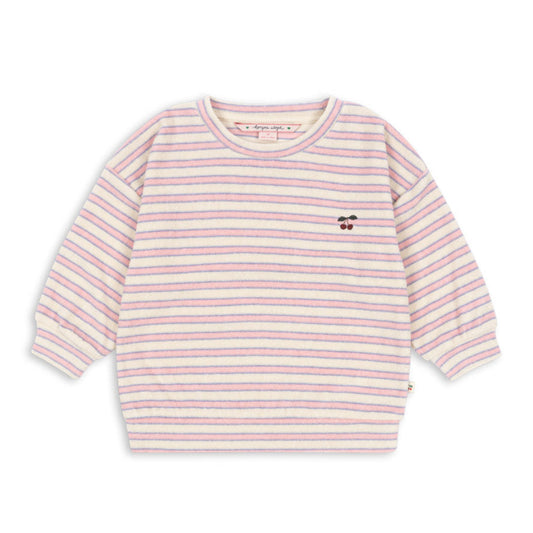 Pink and white GOT certified striped baby girls sweater on a white background