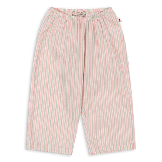 Pink and white striped organic cotton Girls summer pants on a white background