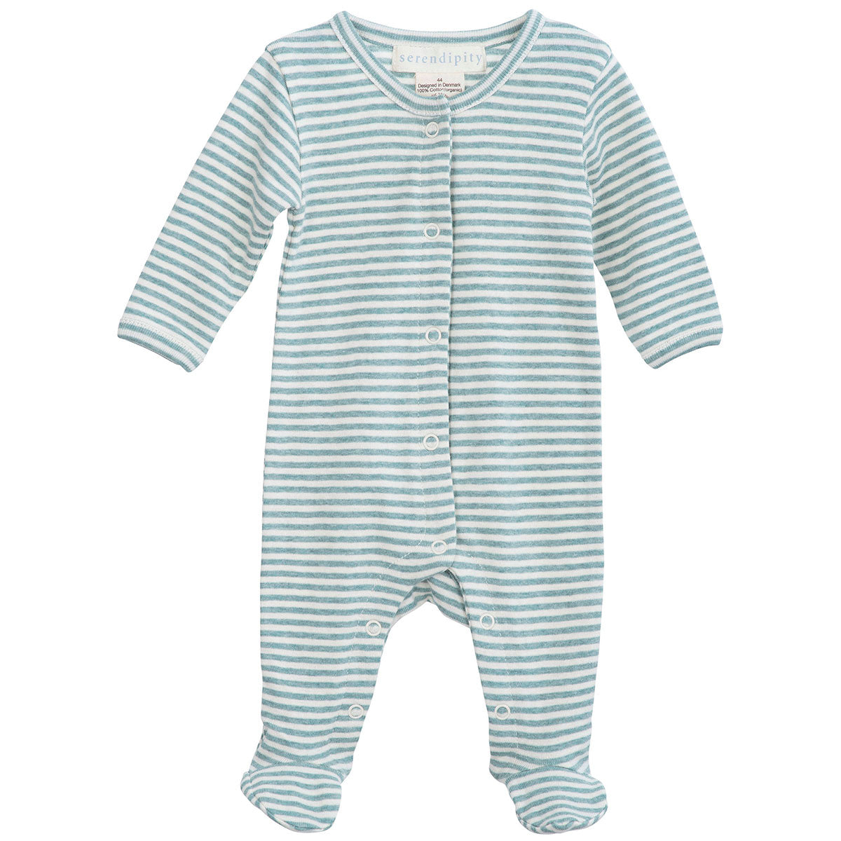 GOTS certified newborn suit with feet.Snap buttons for easy changing.100% Organic cotton,light blue and ecru stripes.