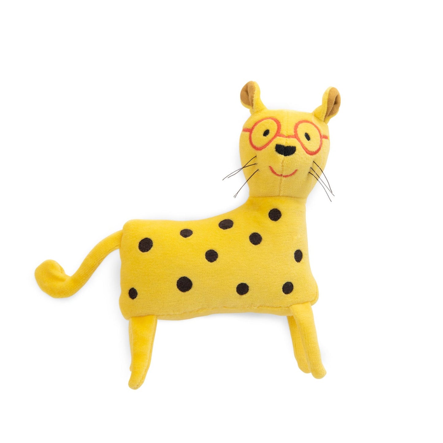 Yellow plush toy with black spots and glasses on a white background