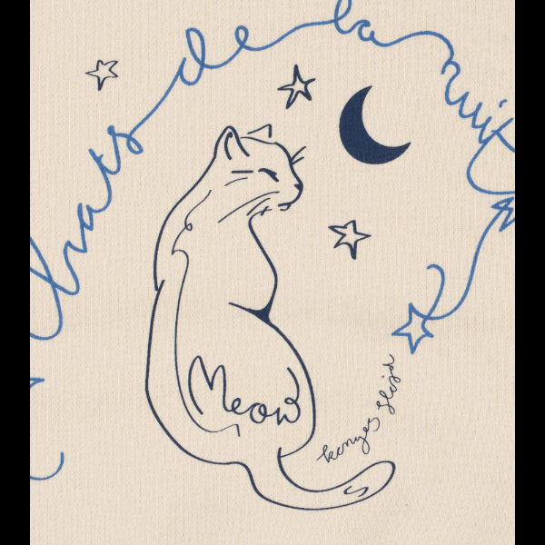 Line drawing of a cat with stars and a moon on a beige background