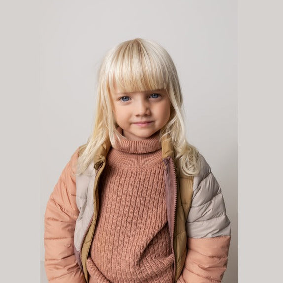 MarMar Owe Twany Rose puffer jacket for girls with a colour block of light pink grey and gold.light weight but warm