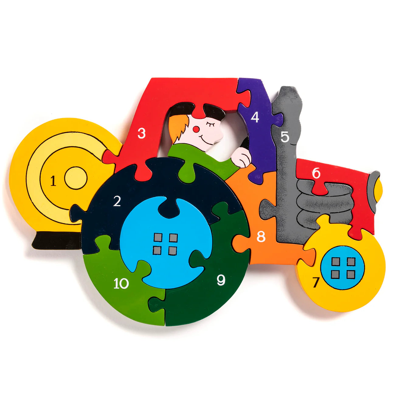 Colorful children's puzzle with numbered pieces on a white background