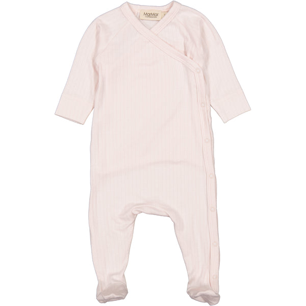 Soft pink MarMar Copenhagen baby grow in a delicate ribbed design. Made from high-quality organic cotton, this long-sleeve footed onesie features a side snap-button closure for easy changing. Gentle on your baby's skin and perfect for everyday comfort.