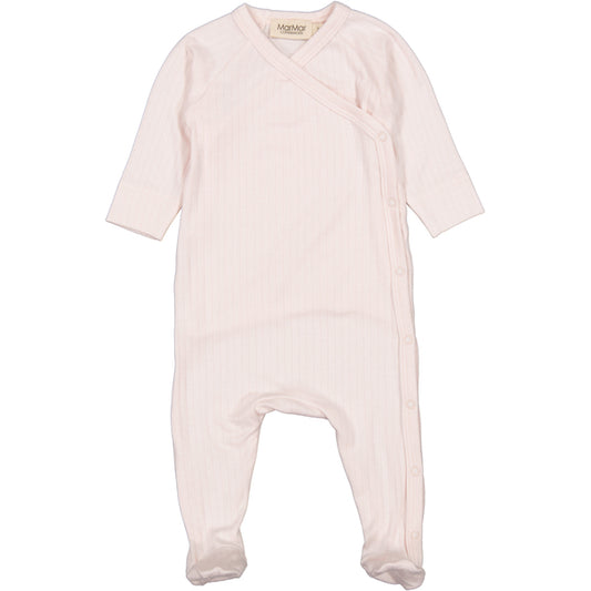 Soft pink MarMar Copenhagen baby grow in a delicate ribbed design. Made from high-quality organic cotton, this long-sleeve footed onesie features a side snap-button closure for easy changing. Gentle on your baby's skin and perfect for everyday comfort.