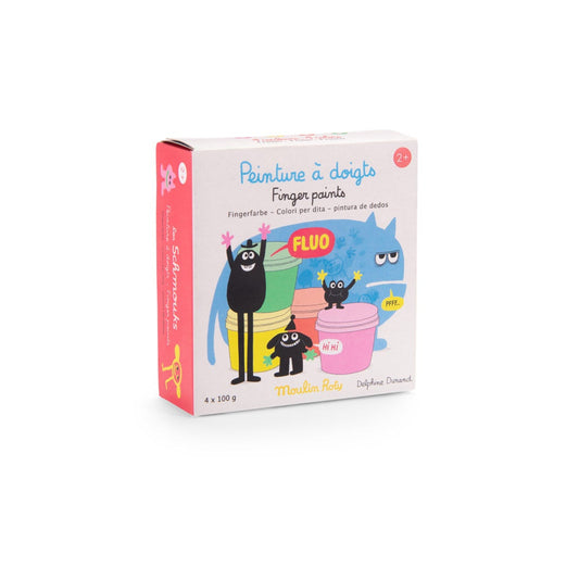 Box of finger paint with cartoon characters on a white background