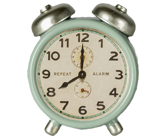 Vintage-style alarm clock with a light green casing and silver bells on a white background.