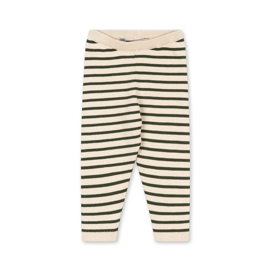 A pair of infant leggings with horizontal dark olive green stripes on a cream-colored background, shown flat against a white background.