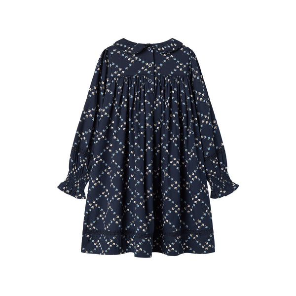 Navy blue dress with white floral pattern on a white background