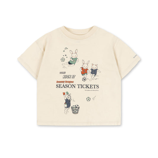 Boys organic cotton summer Beige t-shirt with cartoon characters and text on a white background