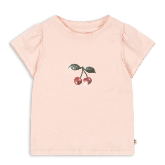 Girls organic cotton Pink t-shirt with cherry design on a white background