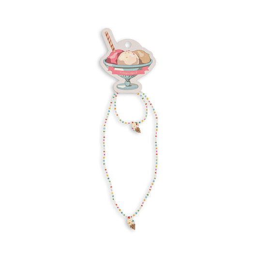Ice cream cone charm with a beaded chain on a white background