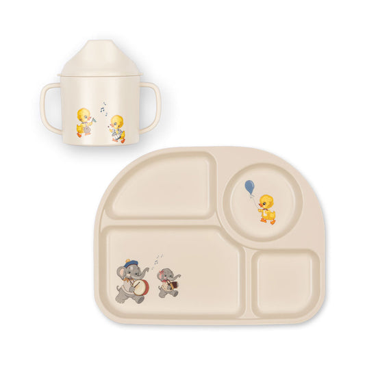 Children's plate and cup set with cartoon characters on a white background