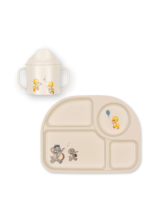Children's plate and cup set with cartoon characters on a white background