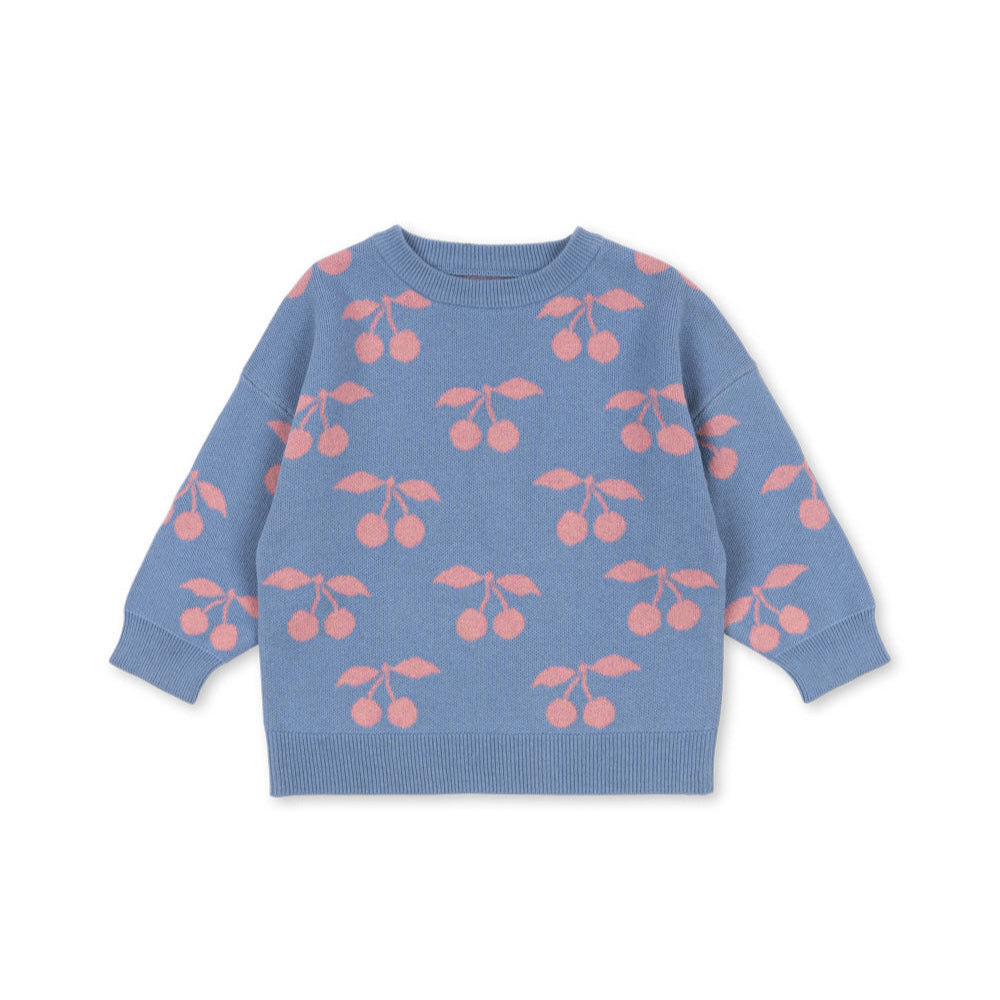 Sonny Bear lapis knit sweater for toddlers – cozy purple kids pullover with pink cherry print, soft cotton baby sweater, perfect for stylish little girls