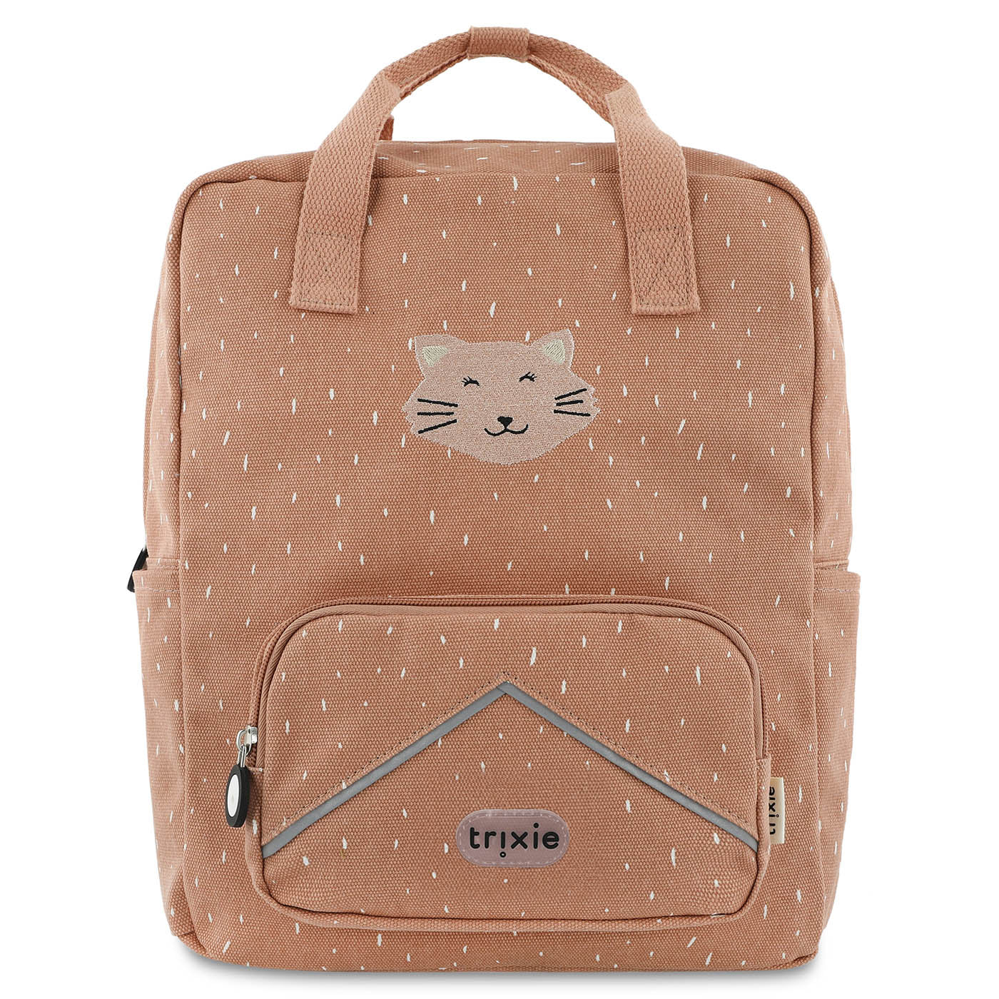 backpack with a cat design and 'trixie' branding on a white background