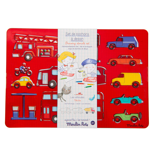 Set of children's drawing pencils with red case featuring vehicle illustrations on a white background.
