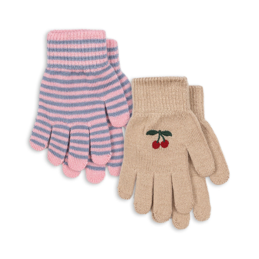Two pairs of gloves, one striped pink and blue, the other beige with a cherry design, on a white background.