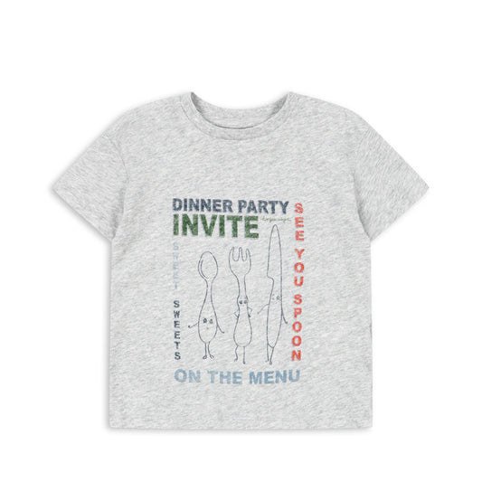 Gray t-shirt with graphic design and text on a white background