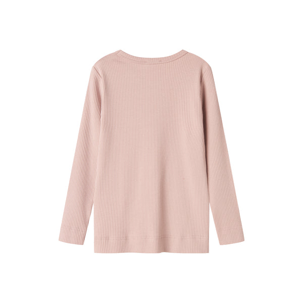 Pink ribbed long-sleeve top on a white background
