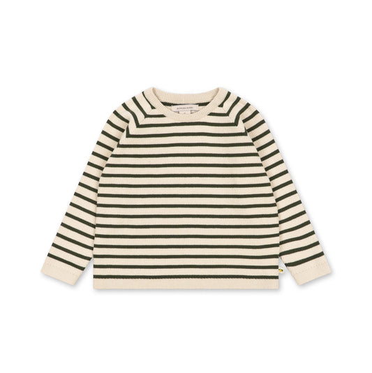 A long-sleeve knit top with horizontal stripes in cream and dark green, featuring ribbed cuffs and a crew neck, laid flat against a white background.