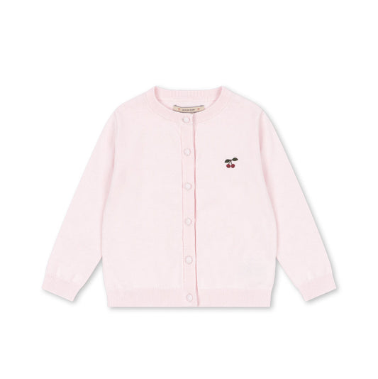 A light pink long-sleeve button-up cardigan sweater with a small embroidered cow graphic on the left chest, displayed flat against a plain white background.