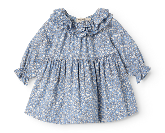 A toddler girl's long-sleeve dress in a dusty blue floral print, featuring a ruffled collar and a gathered waist, shown flat on a white background.