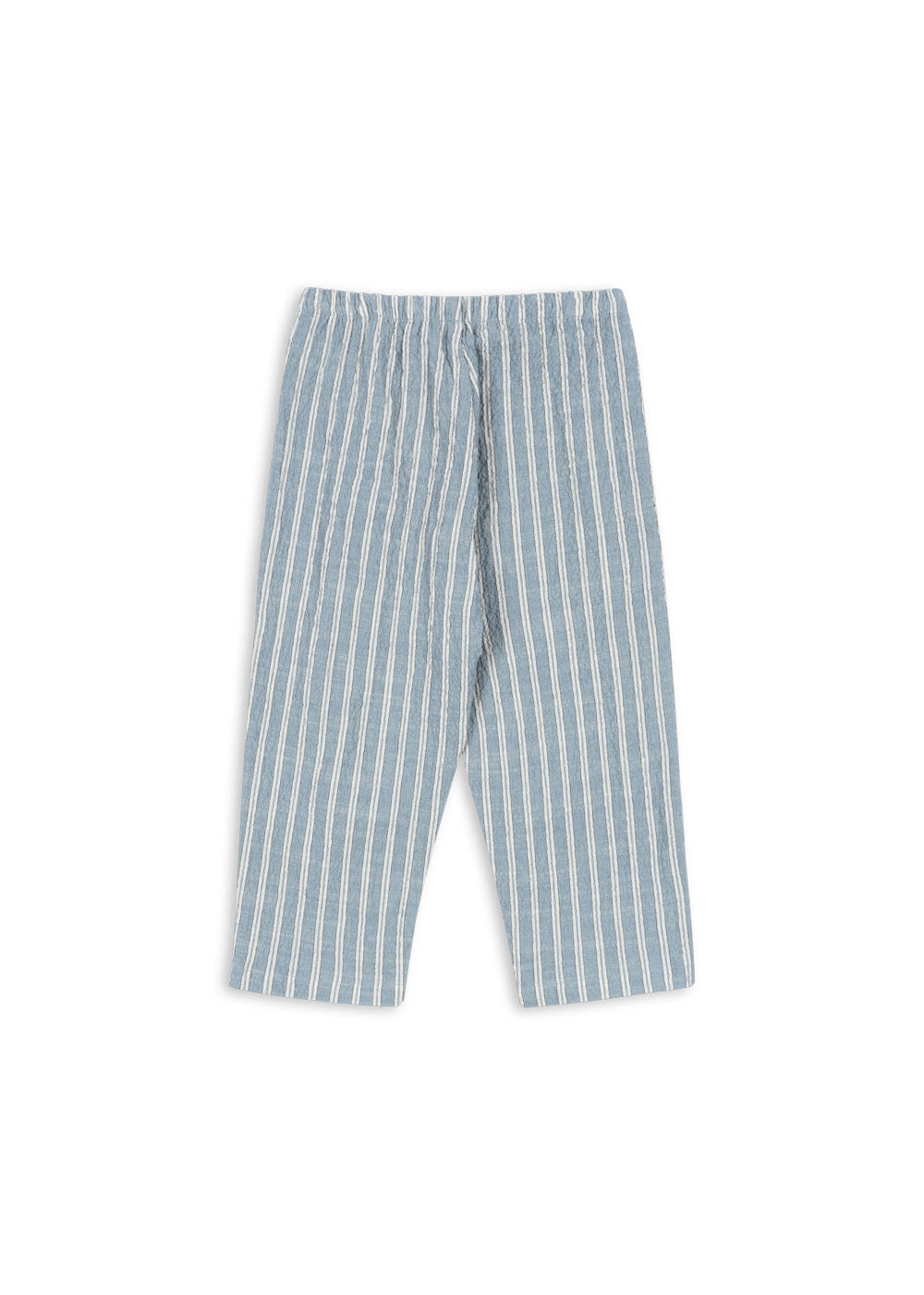 Blue and white striped unisex organic cotton pants on a white background