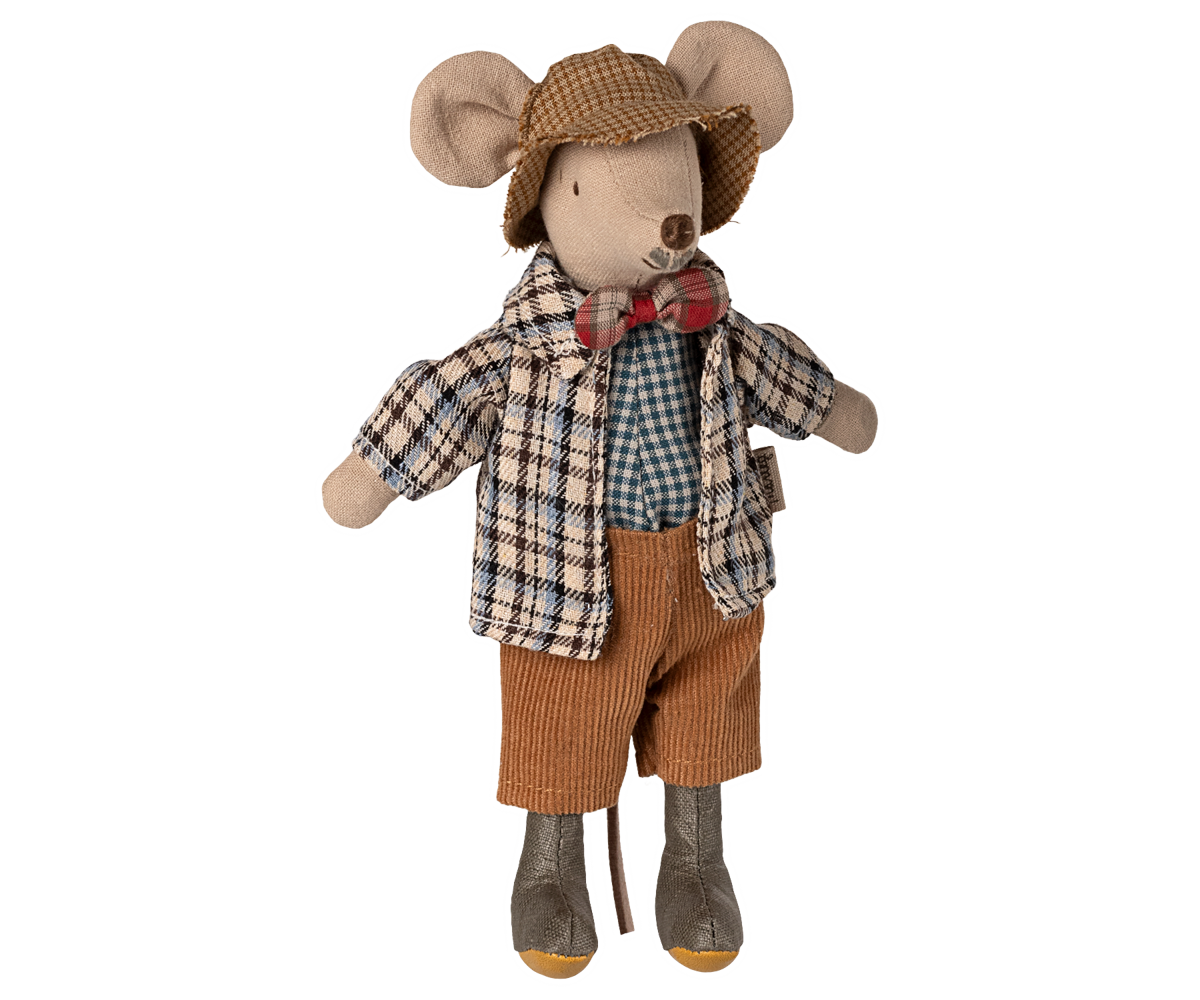 A plush mouse doll dressed in a tweed hat, plaid jacket, bow tie, corduroy shorts, and boots, photographed against a plain white background.