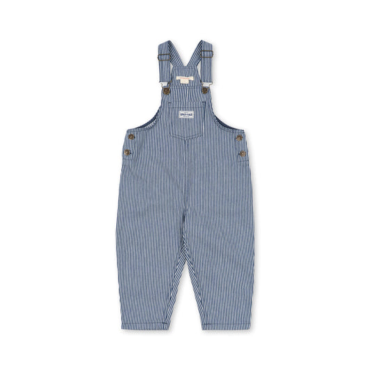 A pair of baby boy's blue and white vertically striped corduroy overalls with adjustable shoulder straps and metal snap buttons, shown flat on a white background.