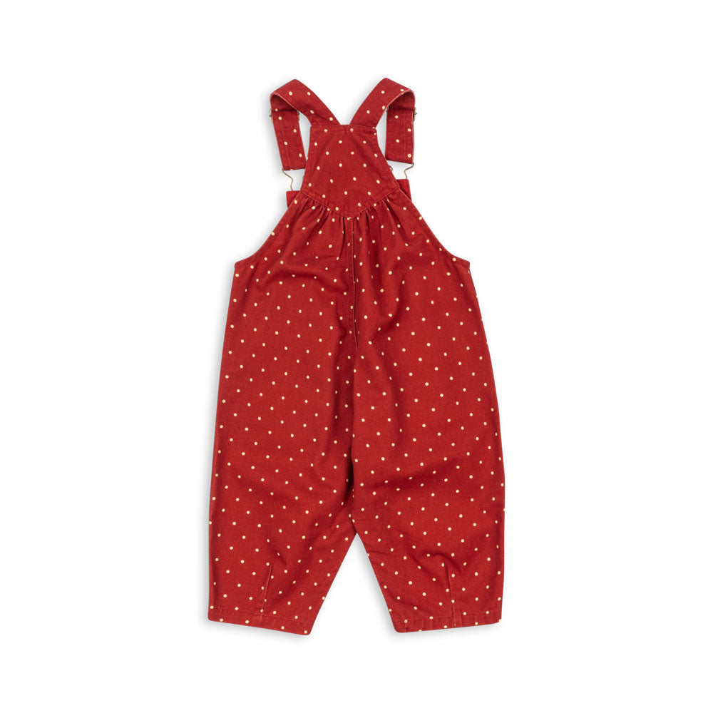 Red polka dot overalls on a white background