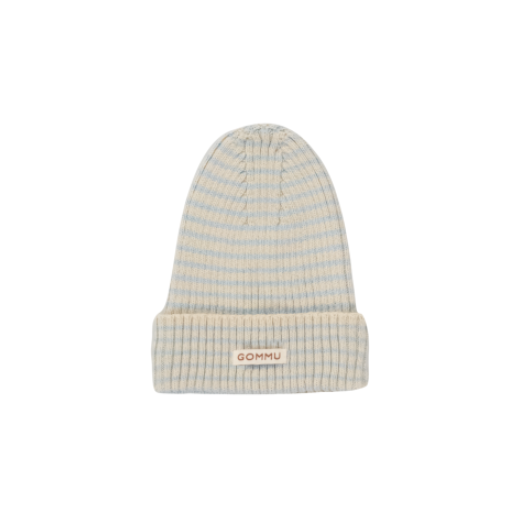 Beige knit beanie with a brand logo on a white background