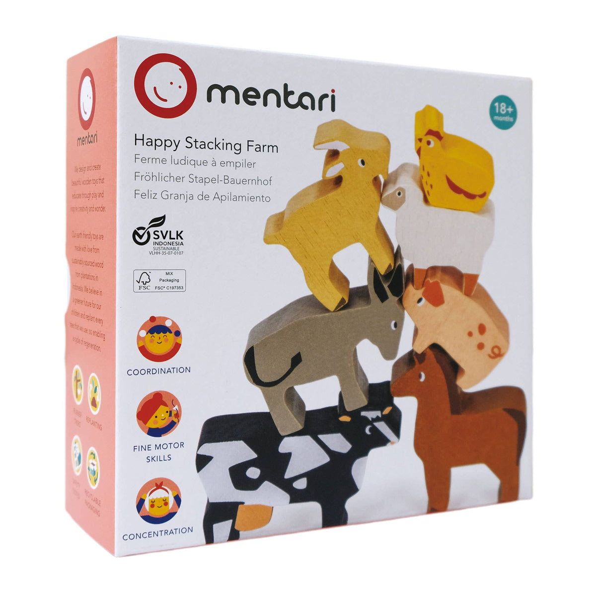 Box of Mentari Happy Stacking Farm toy with animal illustrations on a white background