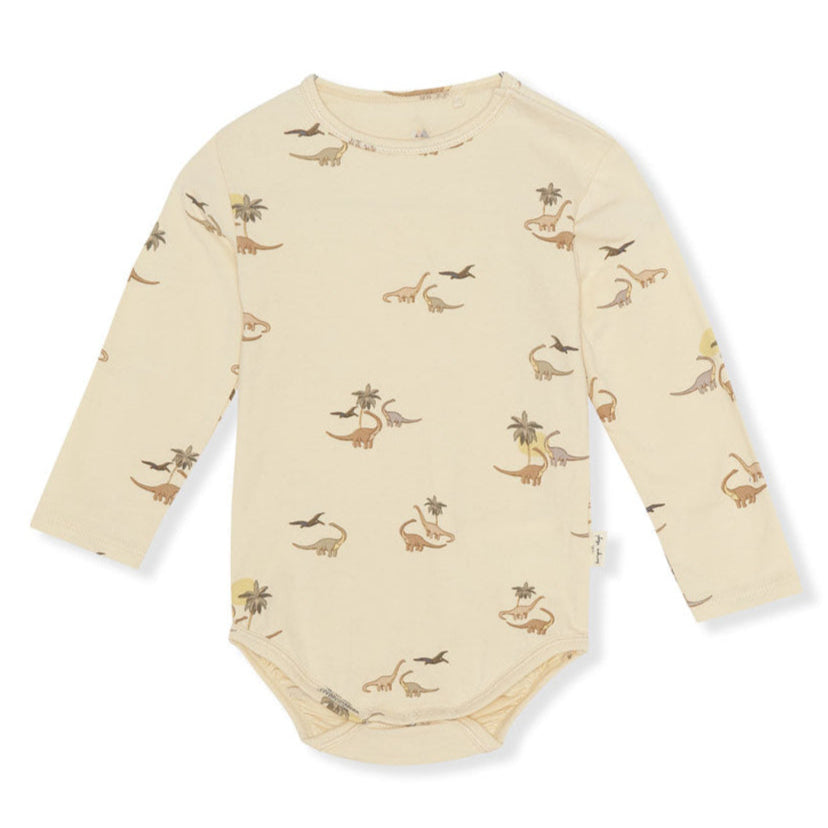 Beige baby bodysuit with dinosaur pattern on a white background