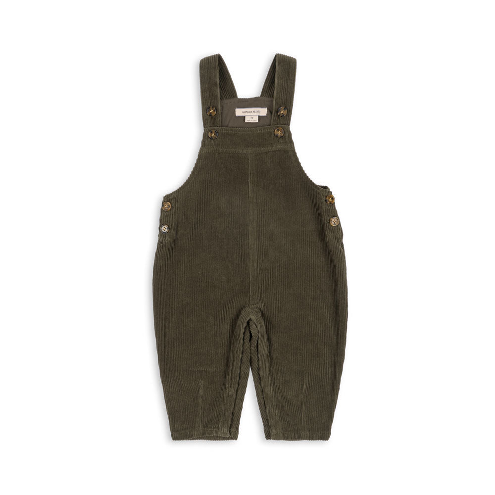 Green corduroy overalls on a white background