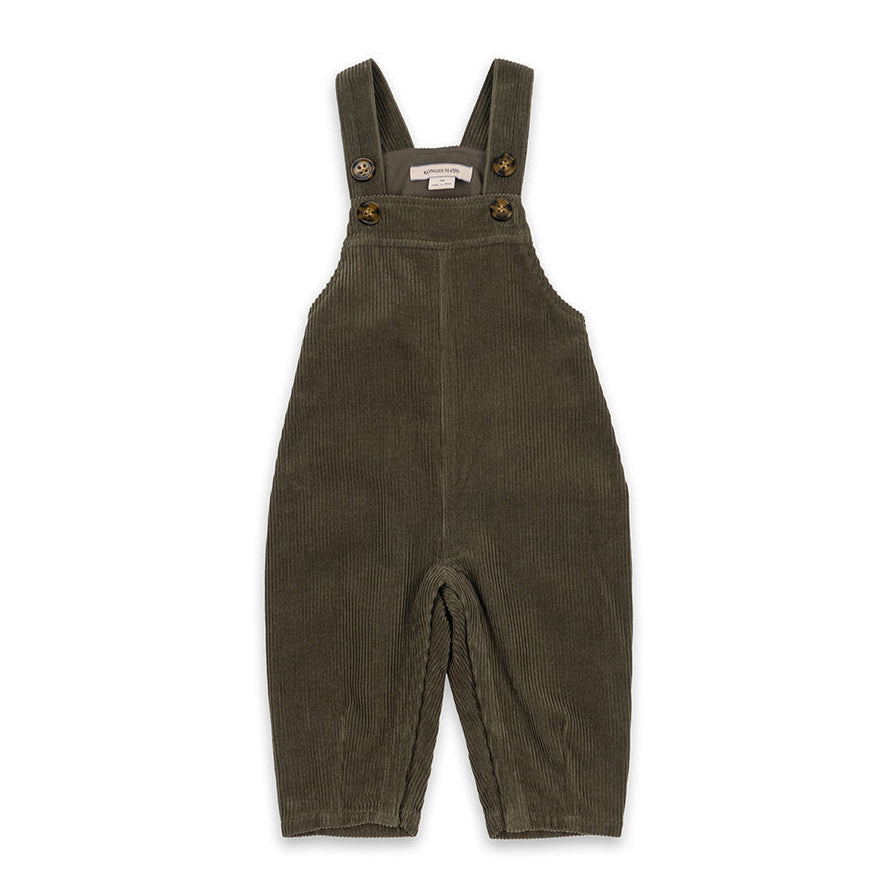 Green corduroy overalls on a white background
