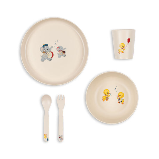 Children's dinnerware set with cartoon characters on a white background