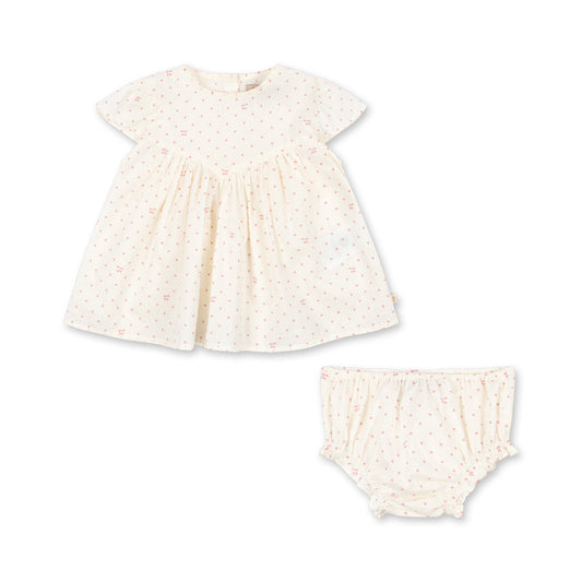 Baby dress and bloomers set with lace details on a white background