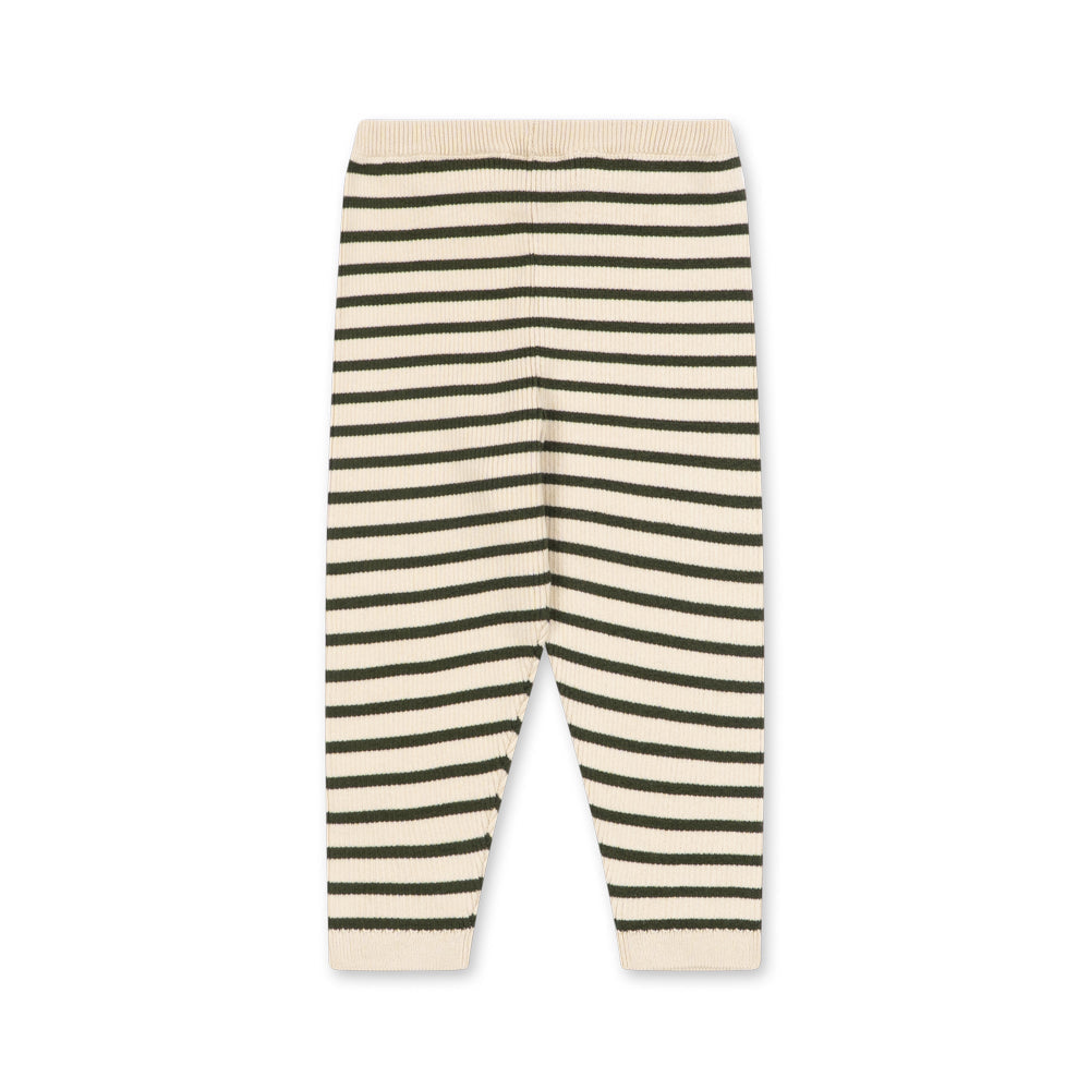 A pair of children's knit pants with horizontal dark green stripes on a cream background, shown flat against a white background.