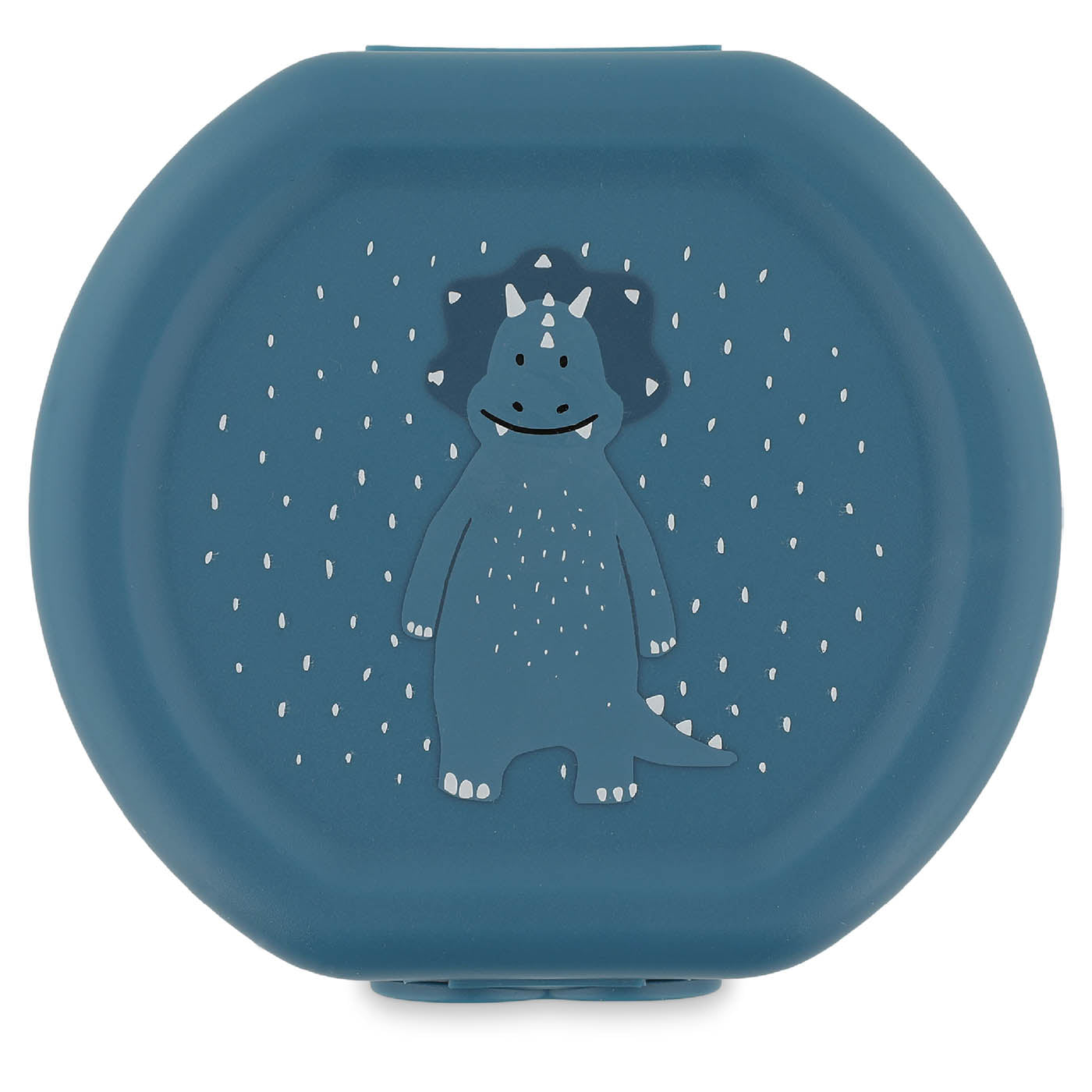 Blue container lid with a dinosaur design on a white background