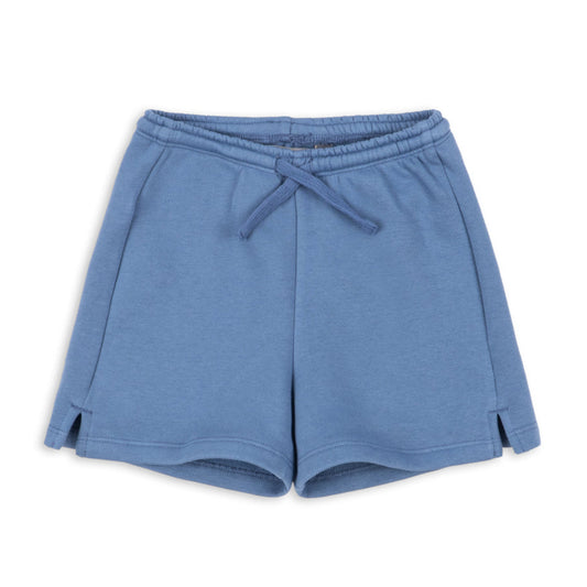Blue shorts with a tie waist on a white background