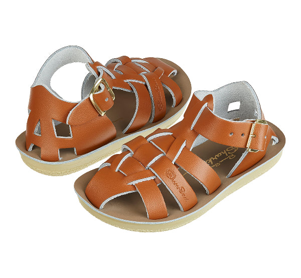 A pair of boys brown leathe rsandals with buckel fastening on the side