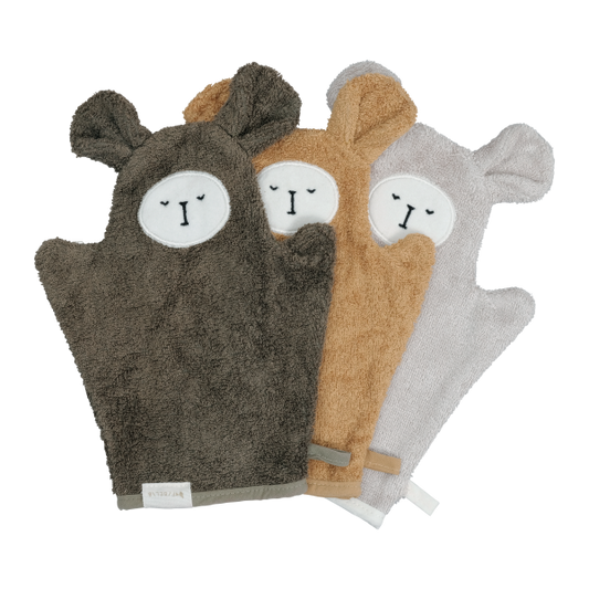 A set of 3 cute bath mitts to make bath time fun, made from bamboo